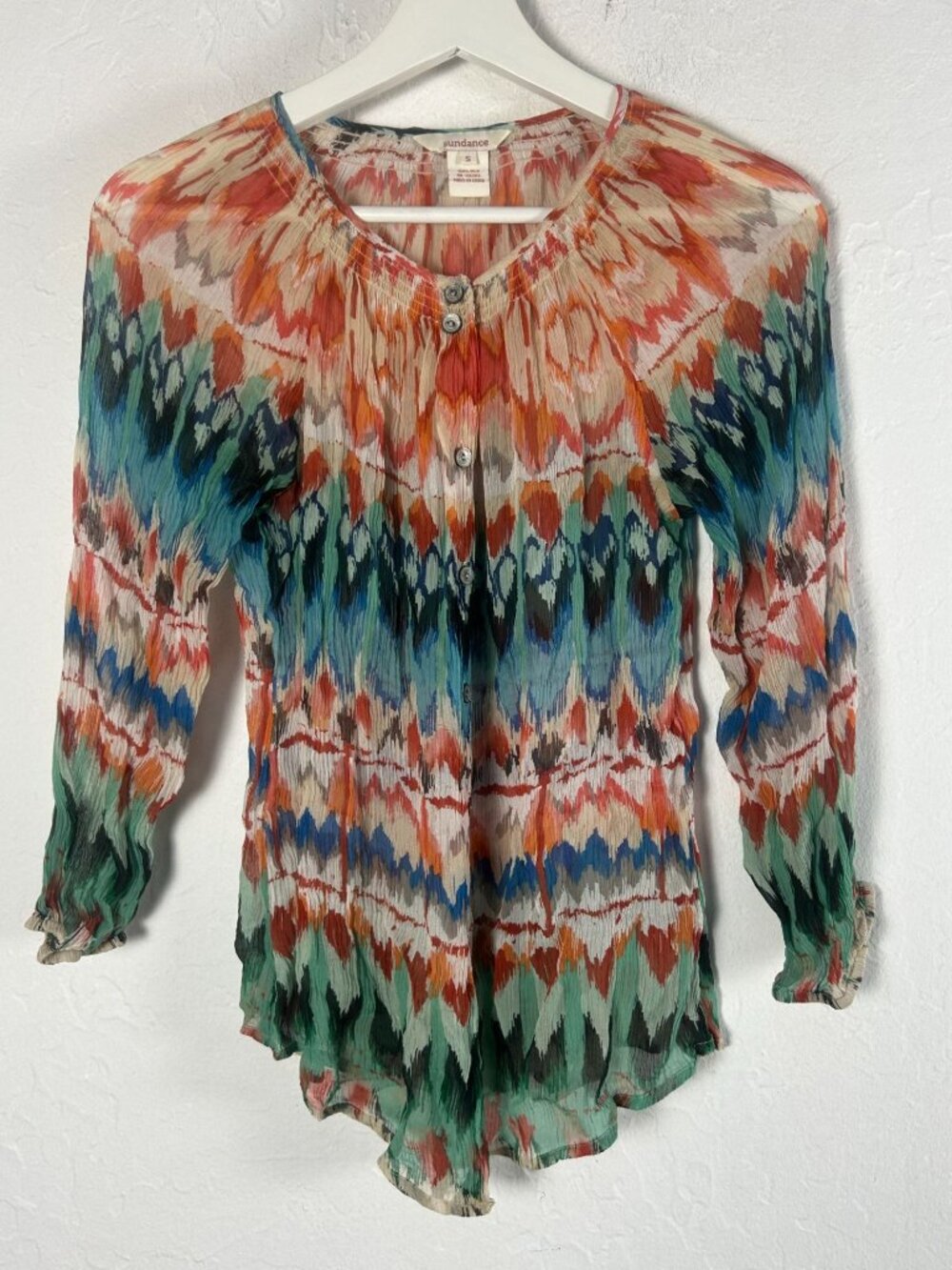 Sundance Womens Multicolor Sheer Silk Blouse 3/4 Sleeve Button Down Top Small